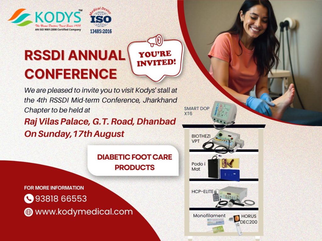 KODYS flyer for RSSDI Mid-term Conference 2025 in Dhanbad, showcasing diabetic footcare devices and stall invite details.