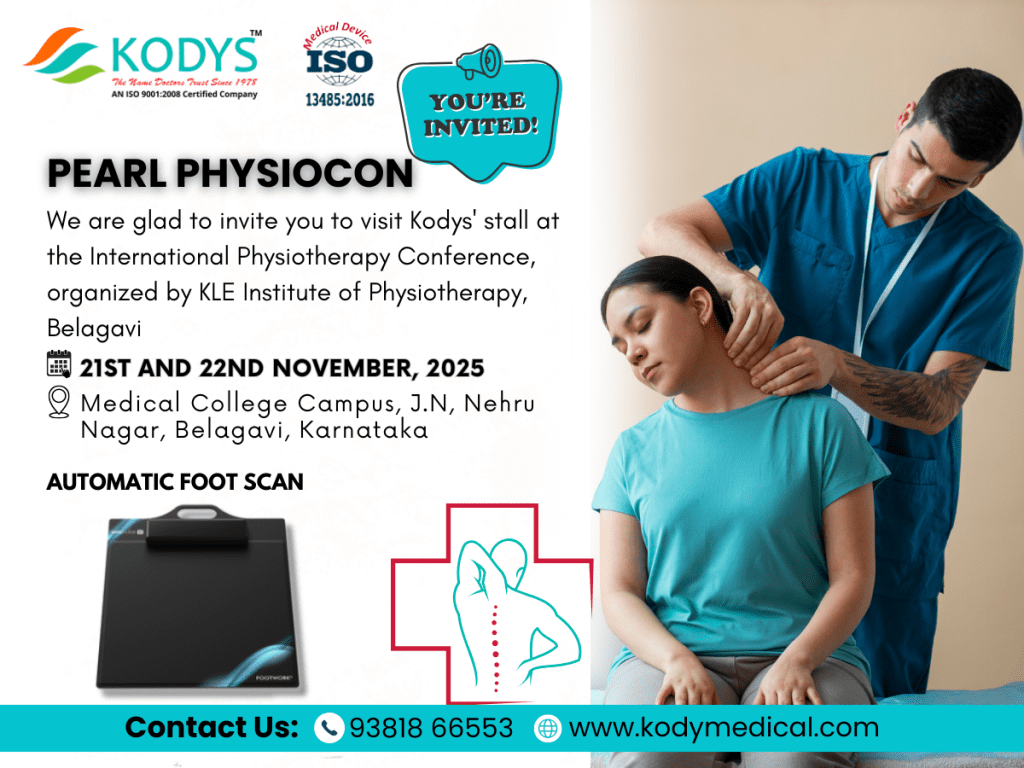 KODYS flyer for Pearl Physiocon 2025, Belagavi, featuring foot scan device and physiotherapy