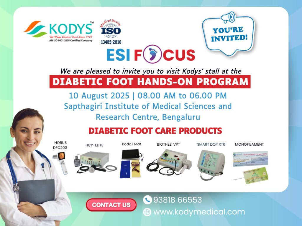 Invitation to KODYS Diabetic Foot Hands-On Program, 10 Aug 2025, Sapthagiri Institute Bengaluru, with diabetic footcare products like Dopplers, VPT, HCP.