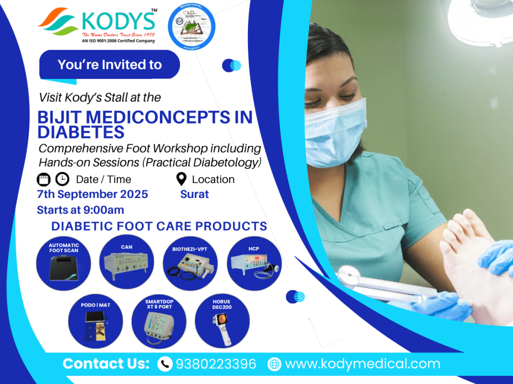 Visit Kody’s Stall at Bijit Mediconcepts, Surat | 7 Sept 2025. Foot Workshop 9 AM. Explore: Automatic Foot Scan, CAN, Biothezi-VPT, HCP, Podo i Mat, SmartDop XT, Horus DEC200.