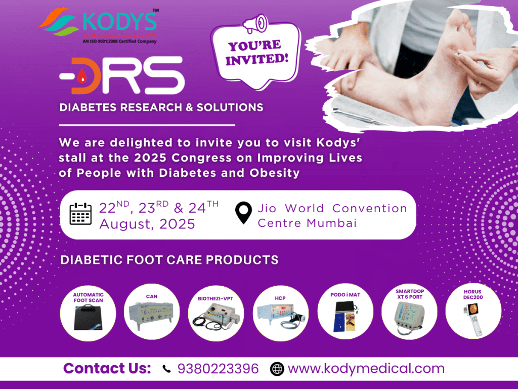 Kodys invite to 2025 Diabetes Congress in Mumbai, showcasing diabetic foot care products and vascular dopplers.