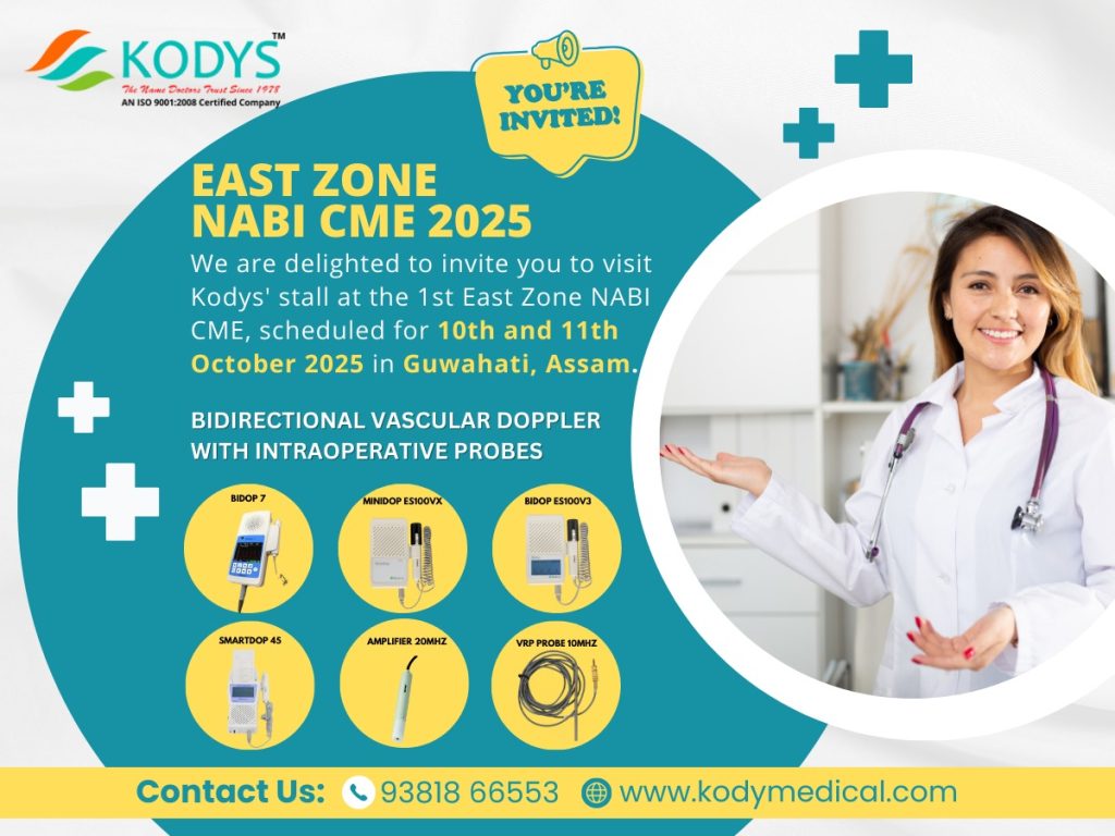 Invitation to East Zone NABI CME 2025 in Guwahati by Kodys showcasing Handheld Dopplers with intraoperative probes.
