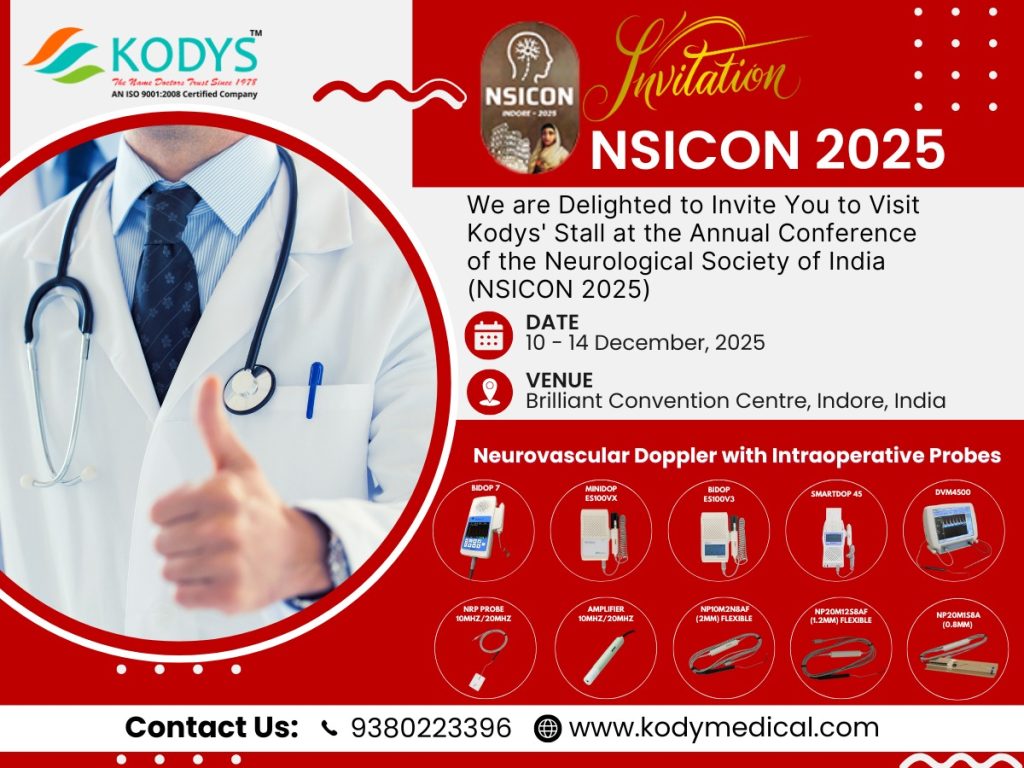 Invitation to visit KODYS stall at NSICON 2025, showcasing Neurovascular Doppler and probes.