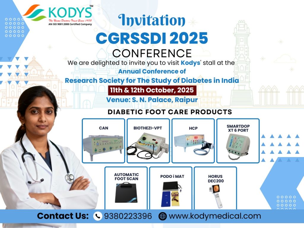 Kody Medical's CG RSSDI 2025 invitation: doctor with diabetic foot care products.